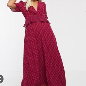 Twisted Wunder London Purple Red Dot Maxi Dress Ruffle Waist Vneck Size 10